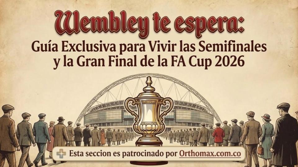 Cartel promocional con estética retro que muestra una multitud de aficionados de época caminando hacia el moderno arco del Estadio de Wembley. En el centro destaca el trofeo de la FA Cup. El titular reza: "Wembley te espera: Guía Exclusiva para Vivir las Semifinales y la Gran Final de la FA Cup 2026", con el patrocinio de Orthomax.com.co en la parte inferior.