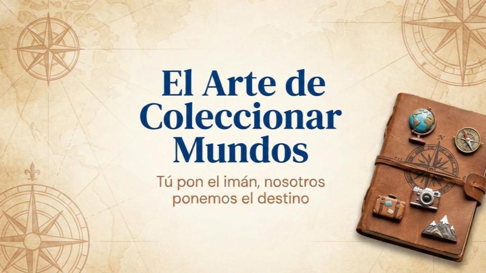 Imagen promocional de agencia de viajes con el título "El Arte de Coleccionando Mundos", mostrando un diario de viajes de cuero con pines de destinos sobre un fondo de mapa cartográfico antiguo.